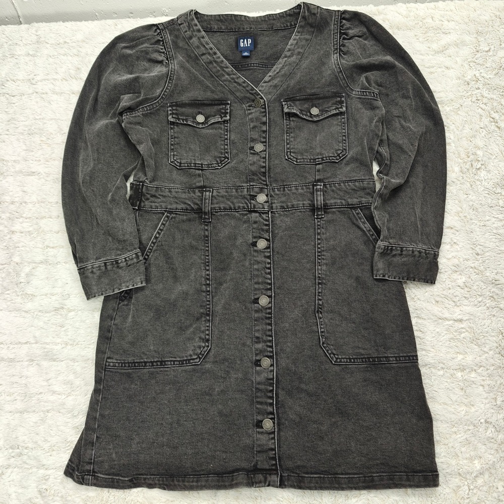 Gap Womens 12P Black‎ Denim Dress Western Button Long Sleeve Grunge Downtown Alt